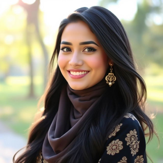 A beautiful Muslim woman with a captivating presence, featuring long, flowing black hair, dressed in elegant traditional attire