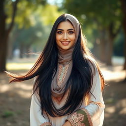 A beautiful Muslim woman with a captivating presence, featuring long, flowing black hair, dressed in elegant traditional attire