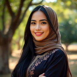A beautiful Muslim woman with a captivating presence, featuring long, flowing black hair, dressed in elegant traditional attire