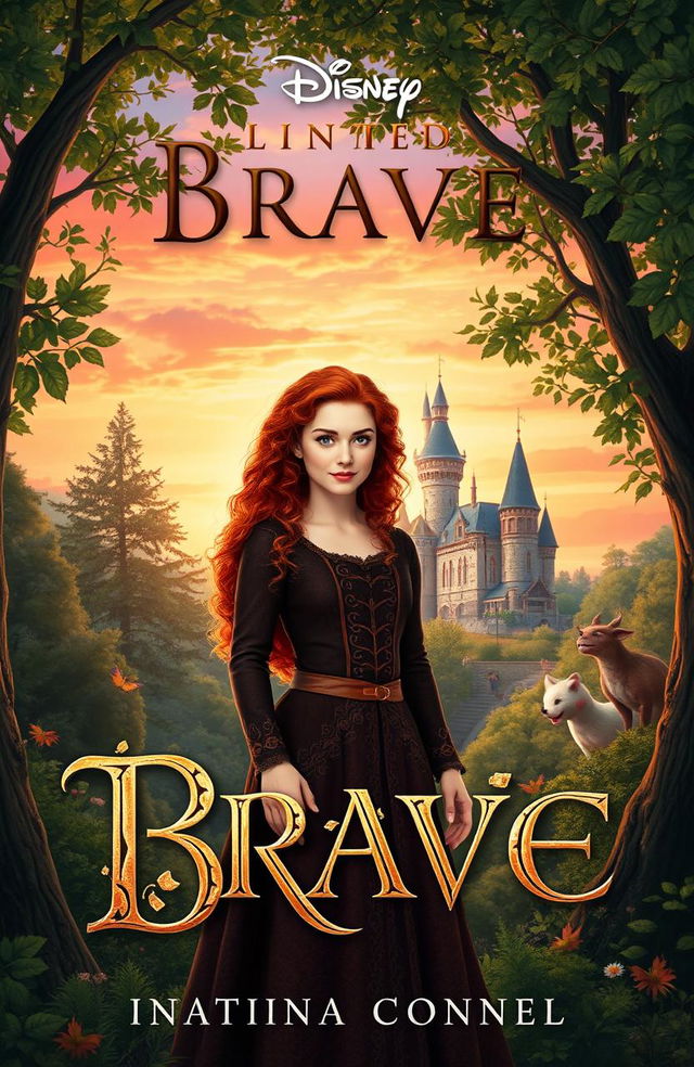 A captivating fantasy storybook cover featuring a strong female protagonist inspired by Disney's Brave