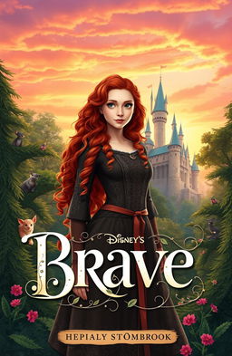 A captivating fantasy storybook cover featuring a strong female protagonist inspired by Disney's Brave