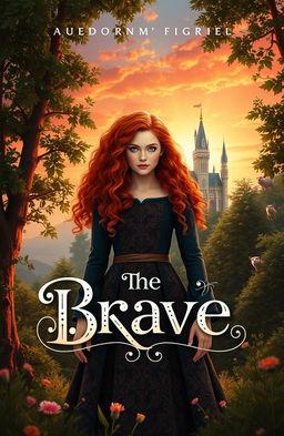 A captivating fantasy storybook cover featuring a strong female protagonist inspired by Disney's Brave