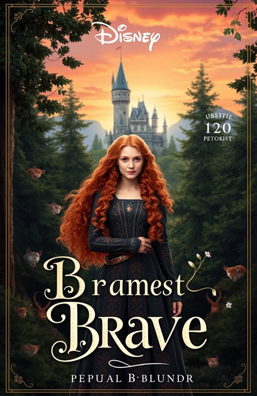 A captivating fantasy storybook cover featuring a strong female protagonist inspired by Disney's Brave