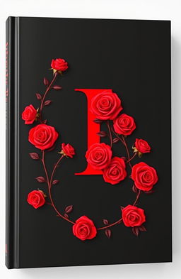 A sleek black book cover featuring a prominent, capital letter 'I' in the center, adorned with intricate vines of vibrant red roses