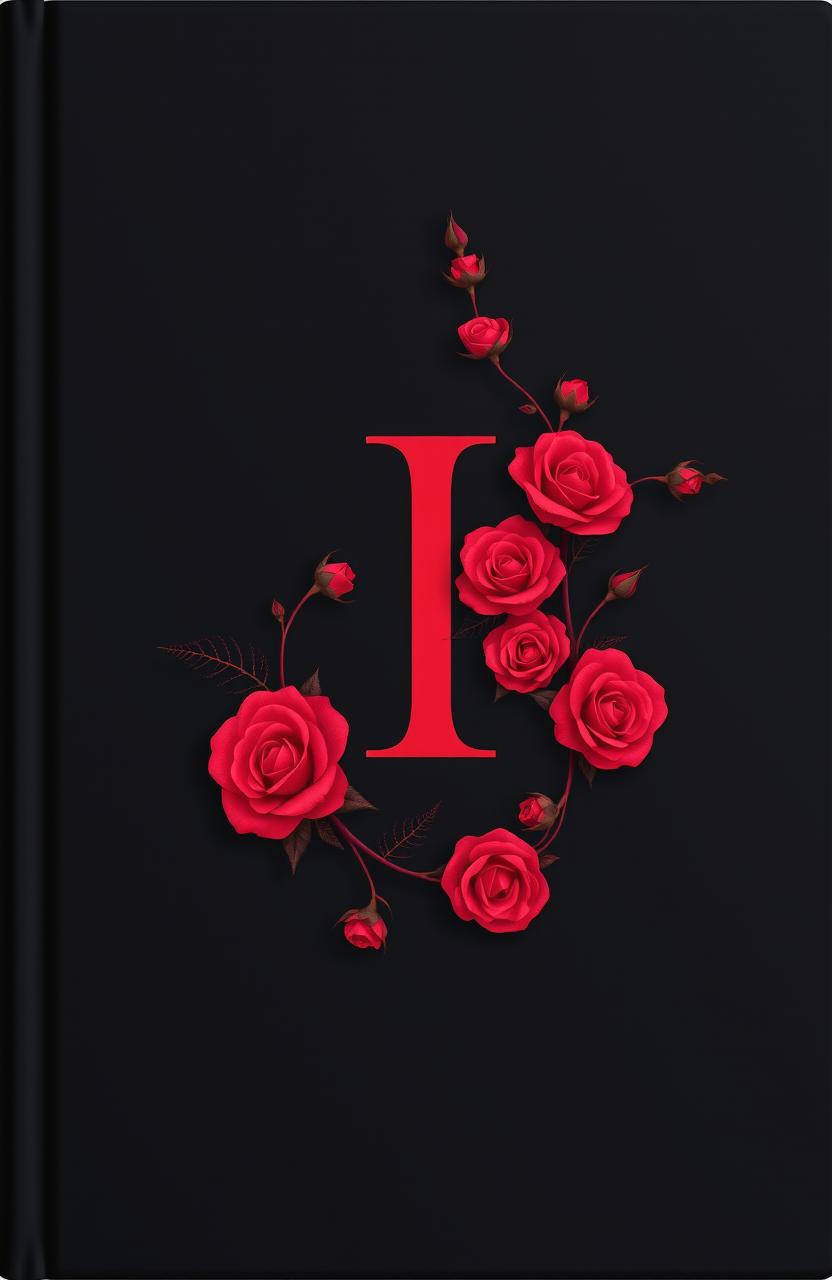 A sleek black book cover featuring a prominent, capital letter 'I' in the center, adorned with intricate vines of vibrant red roses