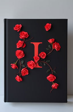 A sleek black book cover featuring a prominent, capital letter 'I' in the center, adorned with intricate vines of vibrant red roses