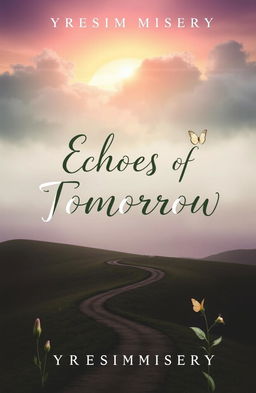An evocative book cover titled 'Echoes of Tomorrow' by Yresimmisery, portraying a vibrant sunrise breaking through soft, muted clouds, with a color palette of faded greens and soft purples to convey hope yet maintain a somber tone