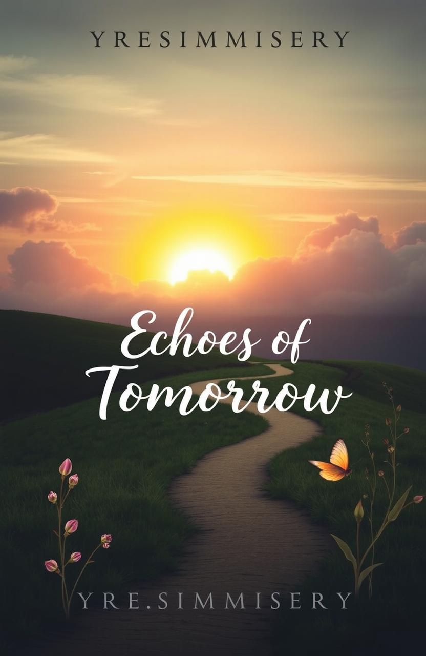 An evocative book cover titled 'Echoes of Tomorrow' by Yresimmisery, portraying a vibrant sunrise breaking through soft, muted clouds, with a color palette of faded greens and soft purples to convey hope yet maintain a somber tone