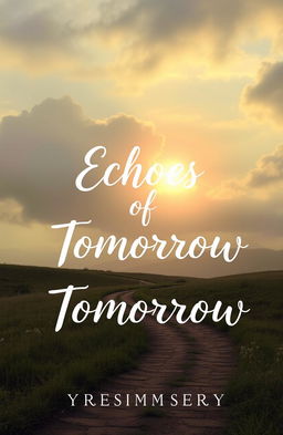 An evocative book cover titled 'Echoes of Tomorrow' by Yresimmisery, portraying a vibrant sunrise breaking through soft, muted clouds, with a color palette of faded greens and soft purples to convey hope yet maintain a somber tone