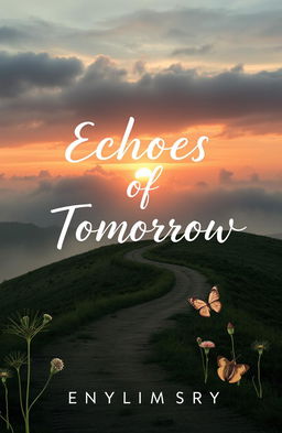 An evocative book cover titled 'Echoes of Tomorrow' by Yresimmisery, portraying a vibrant sunrise breaking through soft, muted clouds, with a color palette of faded greens and soft purples to convey hope yet maintain a somber tone