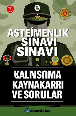A professional and eye-catching ebook cover design for an army entrance exam guide, featuring bold and prominent text in Turkish, reading 'Asteğmenlik Sınavı Çalışma Kaynakları ve Sorular'
