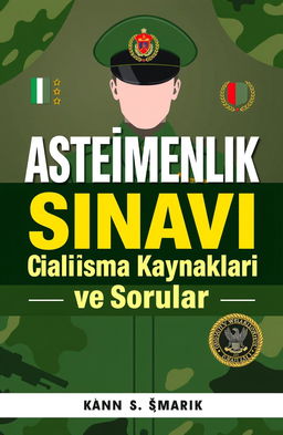 A professional and eye-catching ebook cover design for an army entrance exam guide, featuring bold and prominent text in Turkish, reading 'Asteğmenlik Sınavı Çalışma Kaynakları ve Sorular'