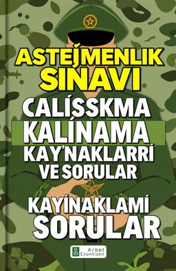 A professional and eye-catching ebook cover design for an army entrance exam guide, featuring bold and prominent text in Turkish, reading 'Asteğmenlik Sınavı Çalışma Kaynakları ve Sorular'