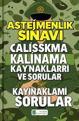 A professional and eye-catching ebook cover design for an army entrance exam guide, featuring bold and prominent text in Turkish, reading 'Asteğmenlik Sınavı Çalışma Kaynakları ve Sorular'