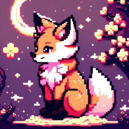 Pixel art profile picture featuring a unique adorable fox with twinkling eyes and a relaxed posture against a cosmic background