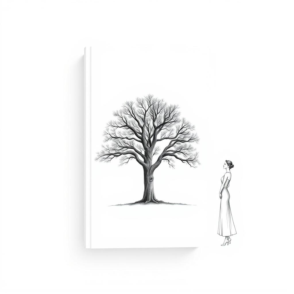 A minimalist book cover design featuring a large, detailed tree centered against a clean, white background