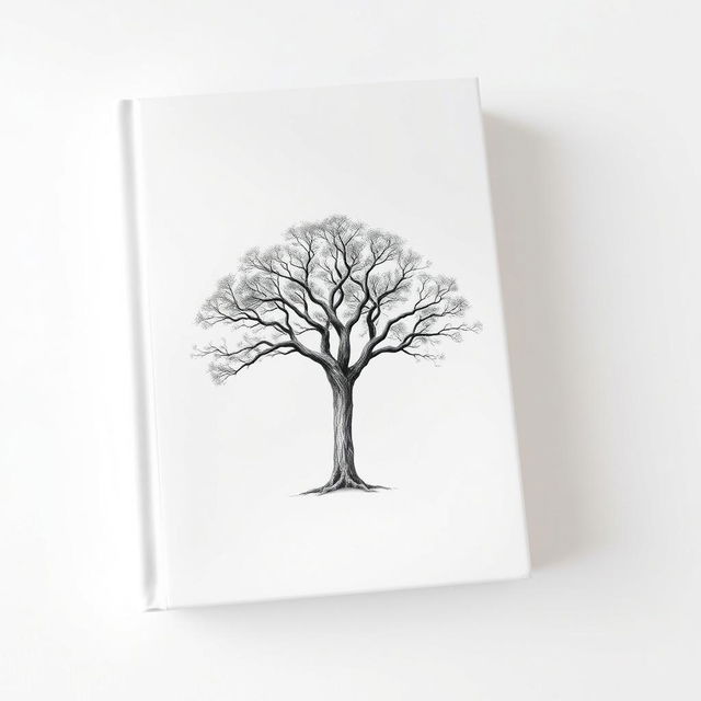 A minimalist book cover design featuring a large, detailed tree centered against a clean, white background