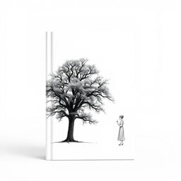 A minimalist book cover design featuring a large, detailed tree centered against a clean, white background