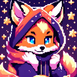 Pixel art profile picture featuring a unique adorable fox with twinkling eyes and a relaxed posture against a cosmic background