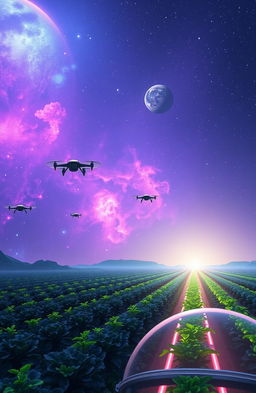 A vast and serene space landscape showcasing a glowing nebula with vivid colors of purple, blue, and pink, scattered stars twinkling in the background