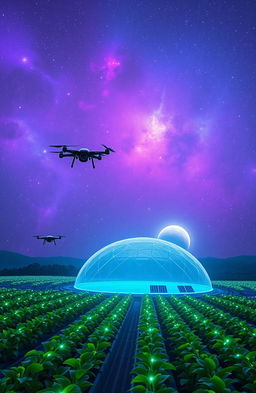 A vast and serene space landscape showcasing a glowing nebula with vivid colors of purple, blue, and pink, scattered stars twinkling in the background