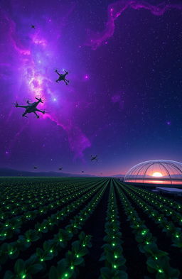 A vast and serene space landscape showcasing a glowing nebula with vivid colors of purple, blue, and pink, scattered stars twinkling in the background
