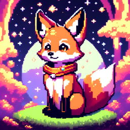 Pixel art profile picture featuring a unique adorable fox with twinkling eyes and a relaxed posture against a cosmic background