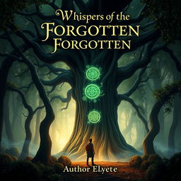 A captivating book cover featuring a mystical forest setting, dense with ancient trees and soft, ethereal light filtering through the leaves