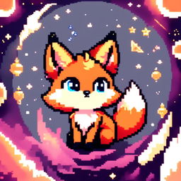 Pixel art profile picture featuring a unique adorable fox with twinkling eyes and a relaxed posture against a cosmic background