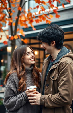 A romantic scene inspired by a contemporary love story, featuring a charming university campus in autumn