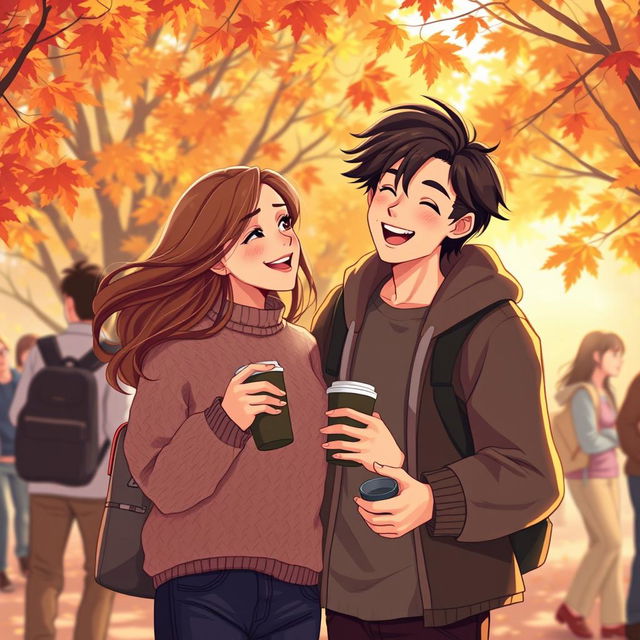 A vibrant illustration capturing the essence of young love on a university campus, inspired by the themes of 'The Love Hypothesis'