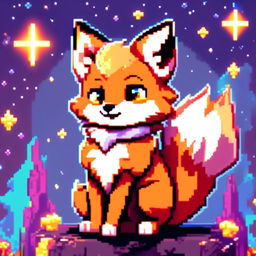 Pixel art profile picture featuring a distinct adorable fox with gleaming eyes and a lively pose against a cosmic background.