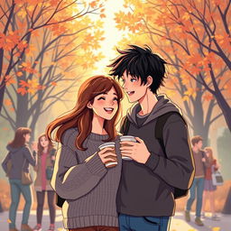 A vibrant illustration capturing the essence of young love on a university campus, inspired by the themes of 'The Love Hypothesis'