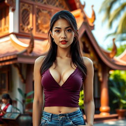 A beautiful Thai woman with sharp features and plump lips, wearing a deep V-neck top that reveals her smooth, fair bosom