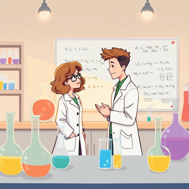 A simple and charming illustration set in a chemist lab, reflecting themes of budding romance and science inspired by 'The Love Hypothesis'