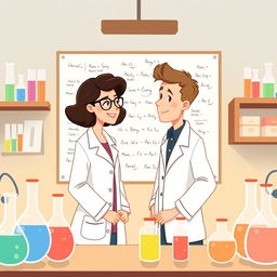 A simple and charming illustration set in a chemist lab, reflecting themes of budding romance and science inspired by 'The Love Hypothesis'