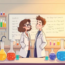 A simple and charming illustration set in a chemist lab, reflecting themes of budding romance and science inspired by 'The Love Hypothesis'