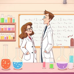 A simple and charming illustration set in a chemist lab, reflecting themes of budding romance and science inspired by 'The Love Hypothesis'
