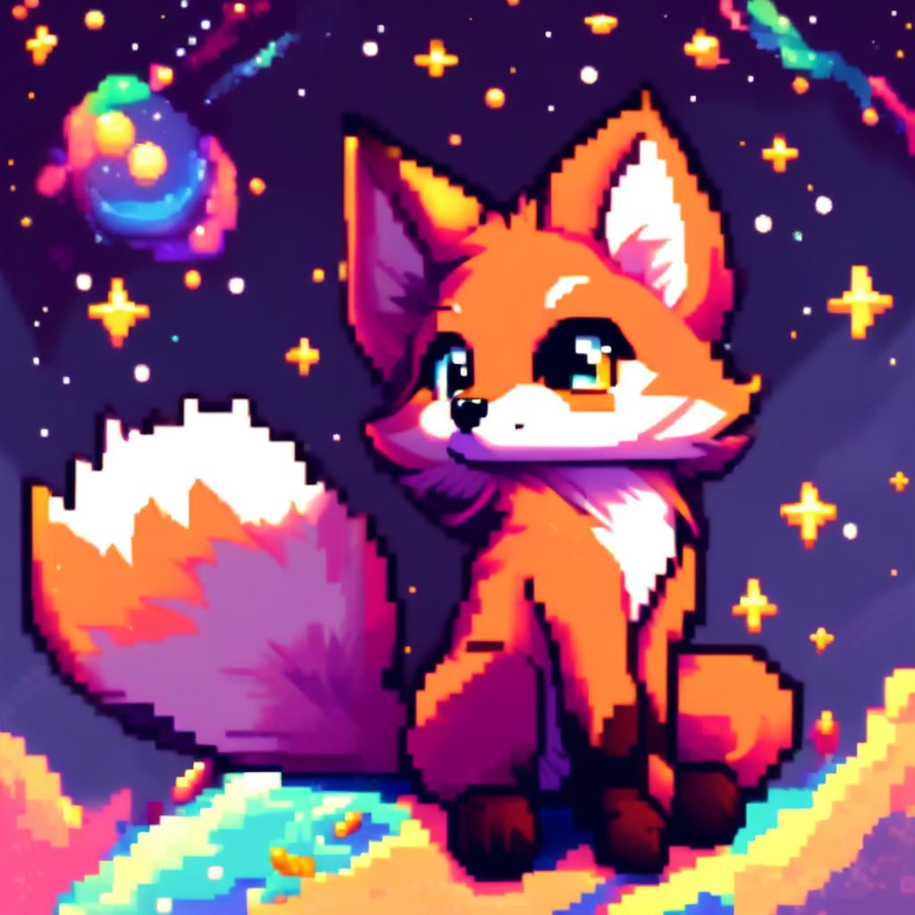 Pixel art profile picture featuring a distinct adorable fox with gleaming eyes and a lively pose against a cosmic background.