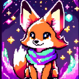 Pixel art profile picture featuring a distinct adorable fox with gleaming eyes and a lively pose against a cosmic background.