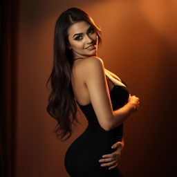 A seductive figure poses confidently in a dimly lit room, wearing a sleek, form-fitting black dress that highlights her curves