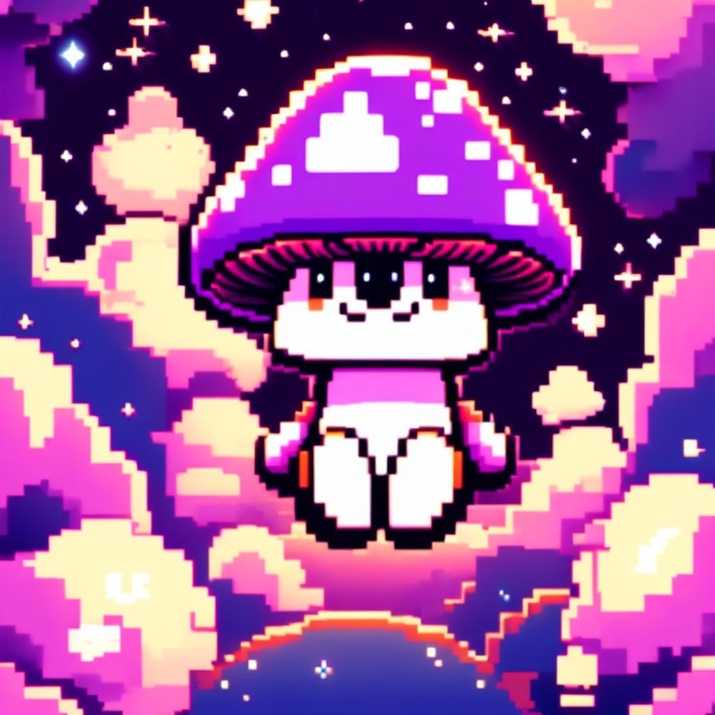 Trippy pixel art profile picture featuring a happy purple mushroom under a swirling starlit sky.