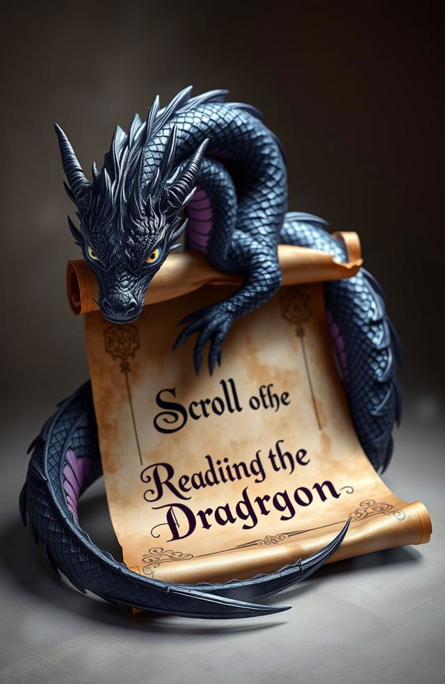 A striking depiction of a majestic black and violet dragon gracefully coiled around a beautifully aged scroll titled "Scroll of the Reading Dragon" in elegant script