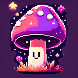 Trippy pixel art profile picture featuring a happy purple mushroom under a swirling starlit sky.