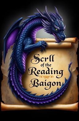 A striking depiction of a majestic black and violet dragon gracefully coiled around a beautifully aged scroll titled "Scroll of the Reading Dragon" in elegant script