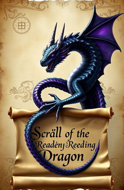 A striking depiction of a majestic black and violet dragon gracefully coiled around a beautifully aged scroll titled "Scroll of the Reading Dragon" in elegant script