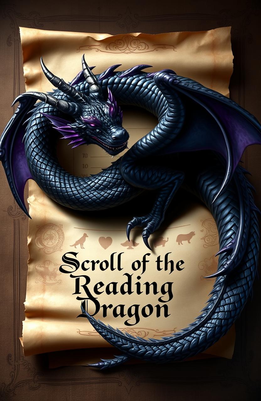 A striking depiction of a majestic black and violet dragon gracefully coiled around a beautifully aged scroll titled "Scroll of the Reading Dragon" in elegant script