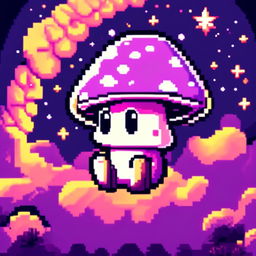 Trippy pixel art profile picture featuring a happy purple mushroom under a swirling starlit sky.