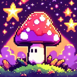 Trippy pixel art profile picture featuring a happy purple mushroom under a swirling starlit sky.