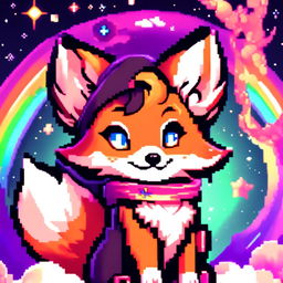 Pixel art profile picture featuring a new adorable fox with bright eyes and a cheerful pose against a cosmic background.